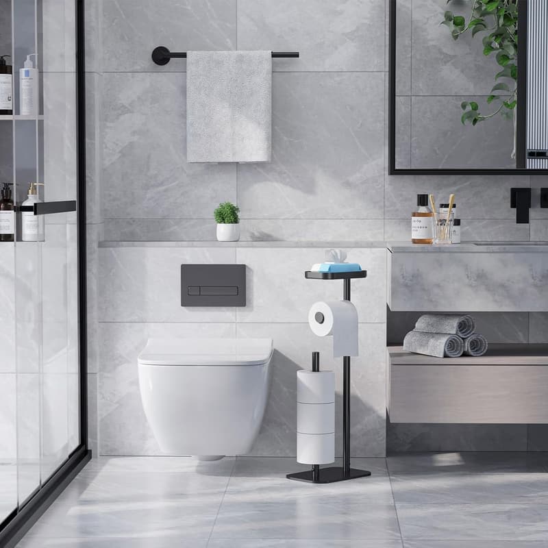 Free Standing Toilet Paper Holder with Shelf - Rustproof Metal, Black