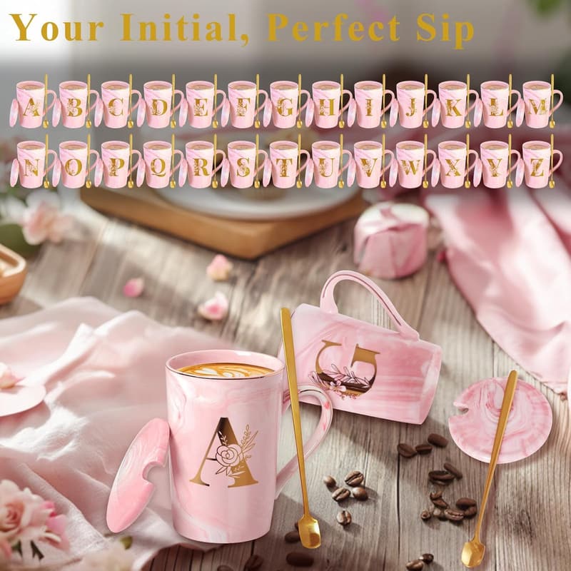 Personalized Pink Ceramic Mug with Lid - Birthday Gift for Women