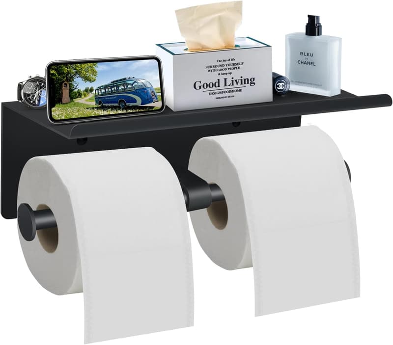 Matte Black Wall-Mounted Toilet Paper Holder with Shelf