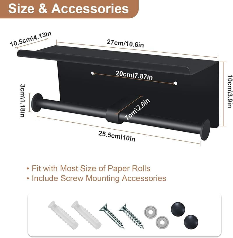 Matte Black Wall-Mounted Toilet Paper Holder with Shelf