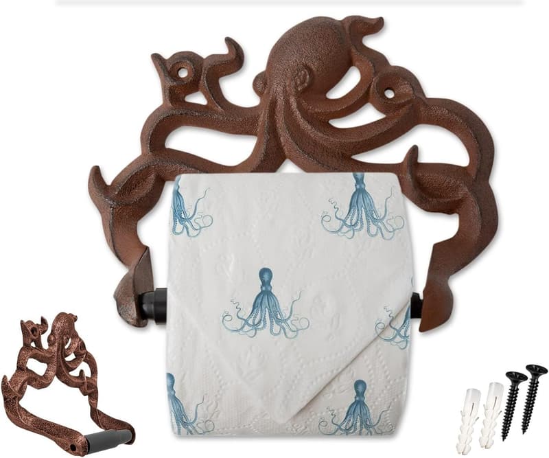 Nautical Cast Iron Octopus Toilet Paper Holder - Wall Mounted