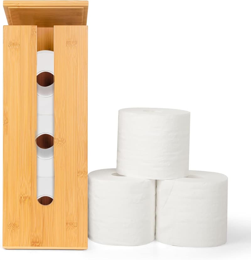 Bamboo Toilet Paper Holder - Fits 3 Mega Rolls, Natural Storage