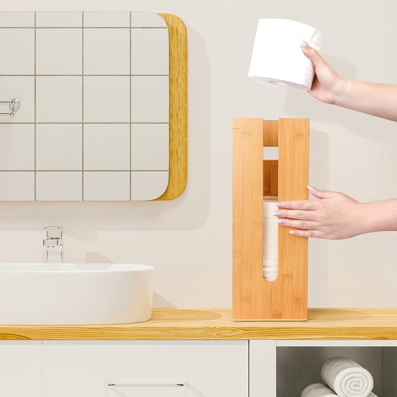 Bamboo Toilet Paper Holder - Fits 3 Mega Rolls, Natural Storage