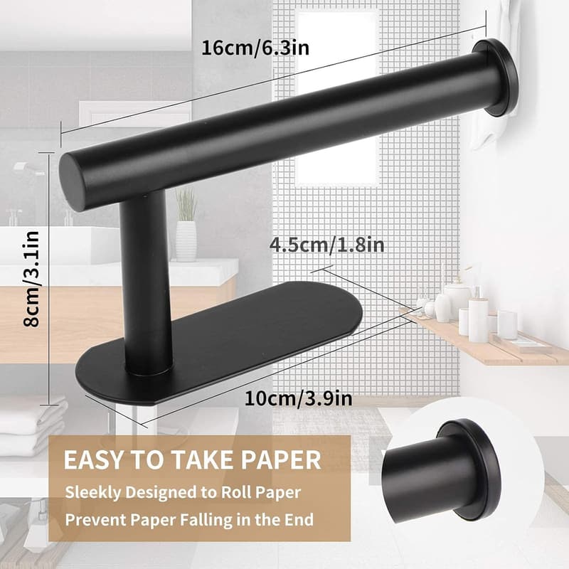 Matt Black Wall-Mount Adhesive Toilet Paper Holder, Rustproof