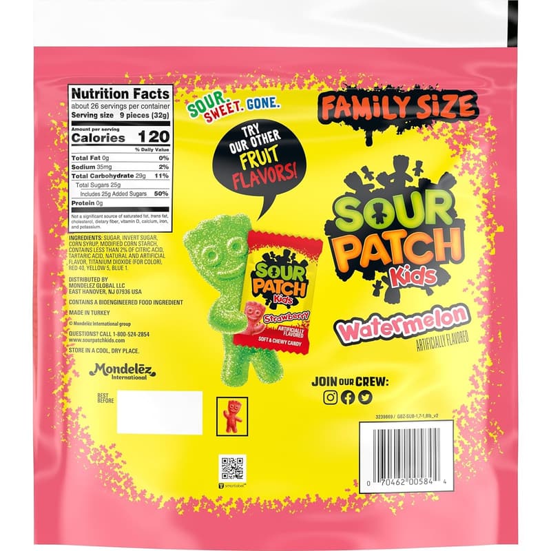 SOUR PATCH KIDS Watermelon Candy, Family Size, 1.8 lb