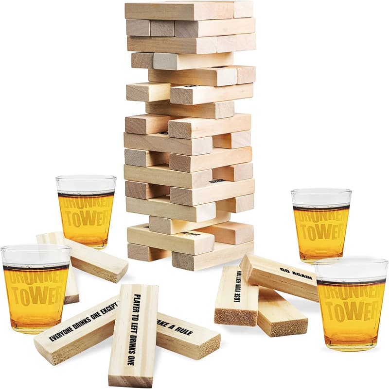 Tumbling Tower Drinking Game Set with Glasses & Challenges