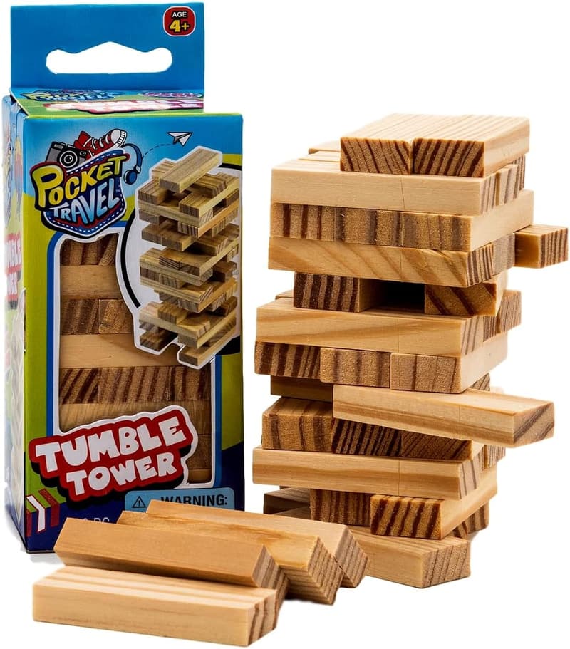 Mini Travel Tumble Tower Game - 4 Inch Wooden Stacking Blocks