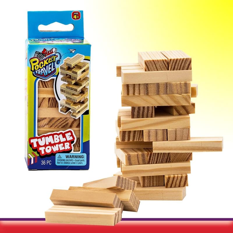 Mini Travel Tumble Tower Game - 4 Inch Wooden Stacking Blocks