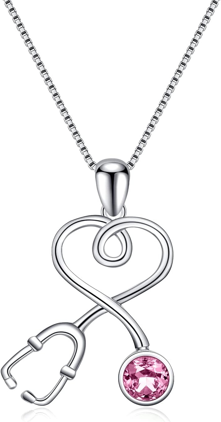 Graduation Gift: 925 Sterling Silver Stethoscope Necklace with Birthstone Crystals