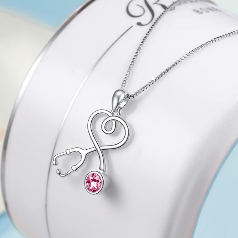 Graduation Gift: 925 Sterling Silver Stethoscope Necklace with Birthstone Crystals