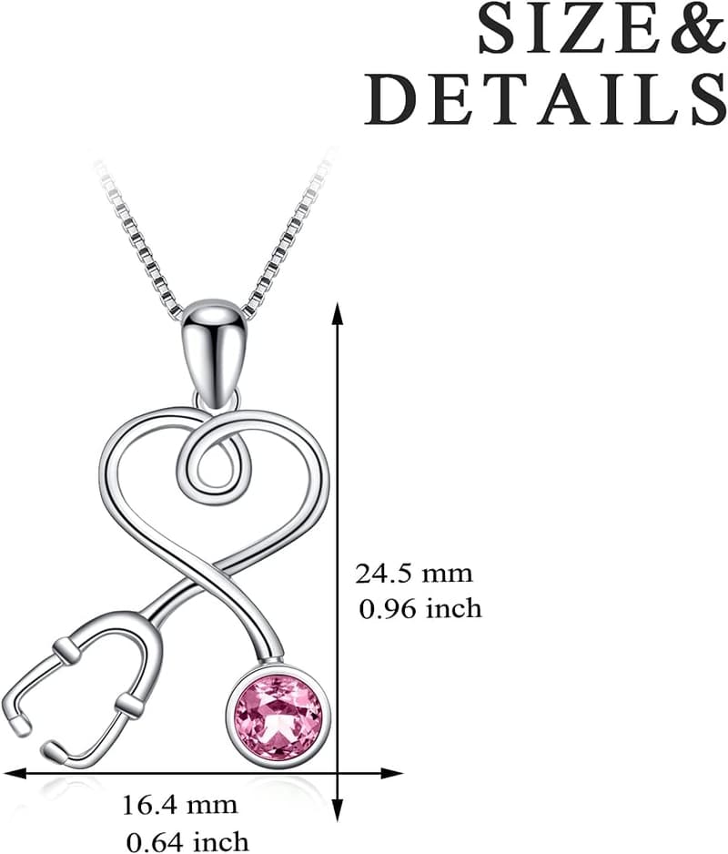 Graduation Gift: 925 Sterling Silver Stethoscope Necklace with Birthstone Crystals