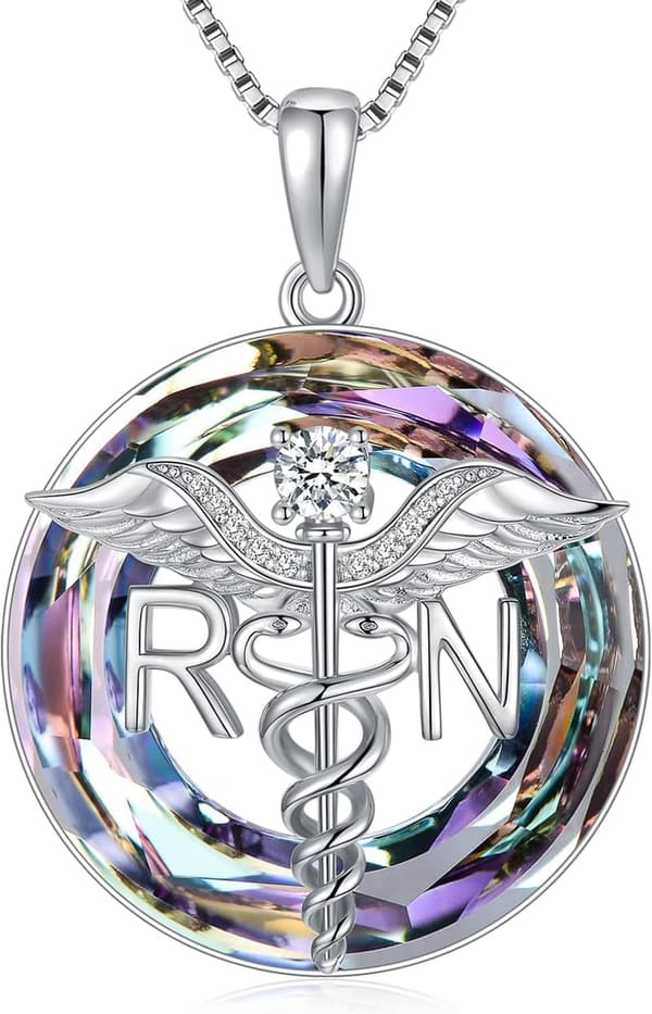 Nurse Pendant Necklace with Caduceus and Angel Wings, Sterling Silver