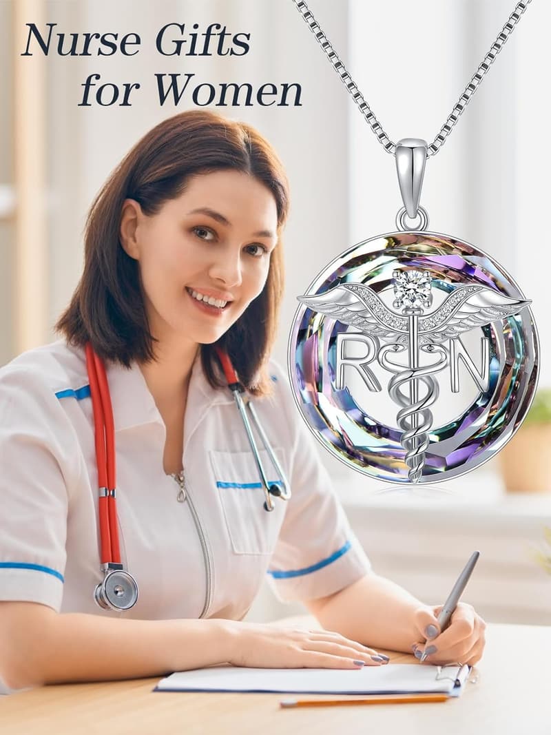 Nurse Pendant Necklace with Caduceus and Angel Wings, Sterling Silver