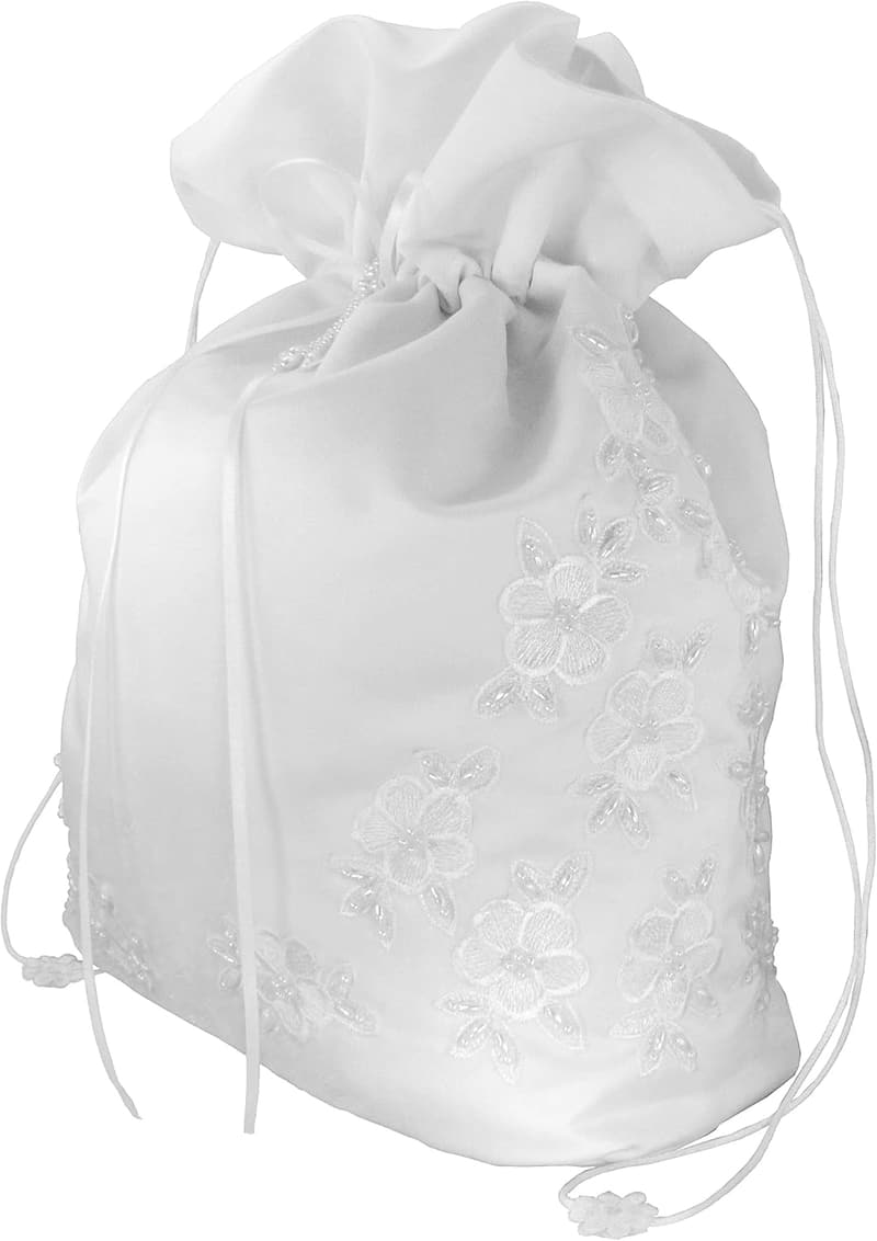 White Satin Bridal Money Bag with Pearl-Embellished Lace