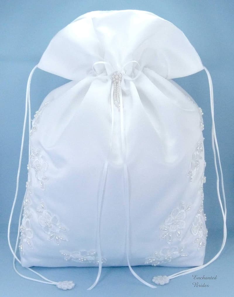 White Satin Bridal Money Bag with Pearl-Embellished Lace