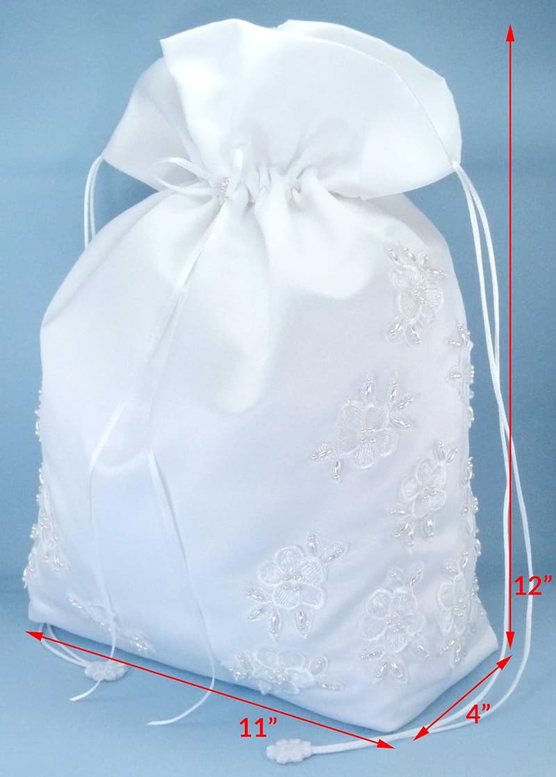 White Satin Bridal Money Bag with Pearl-Embellished Lace