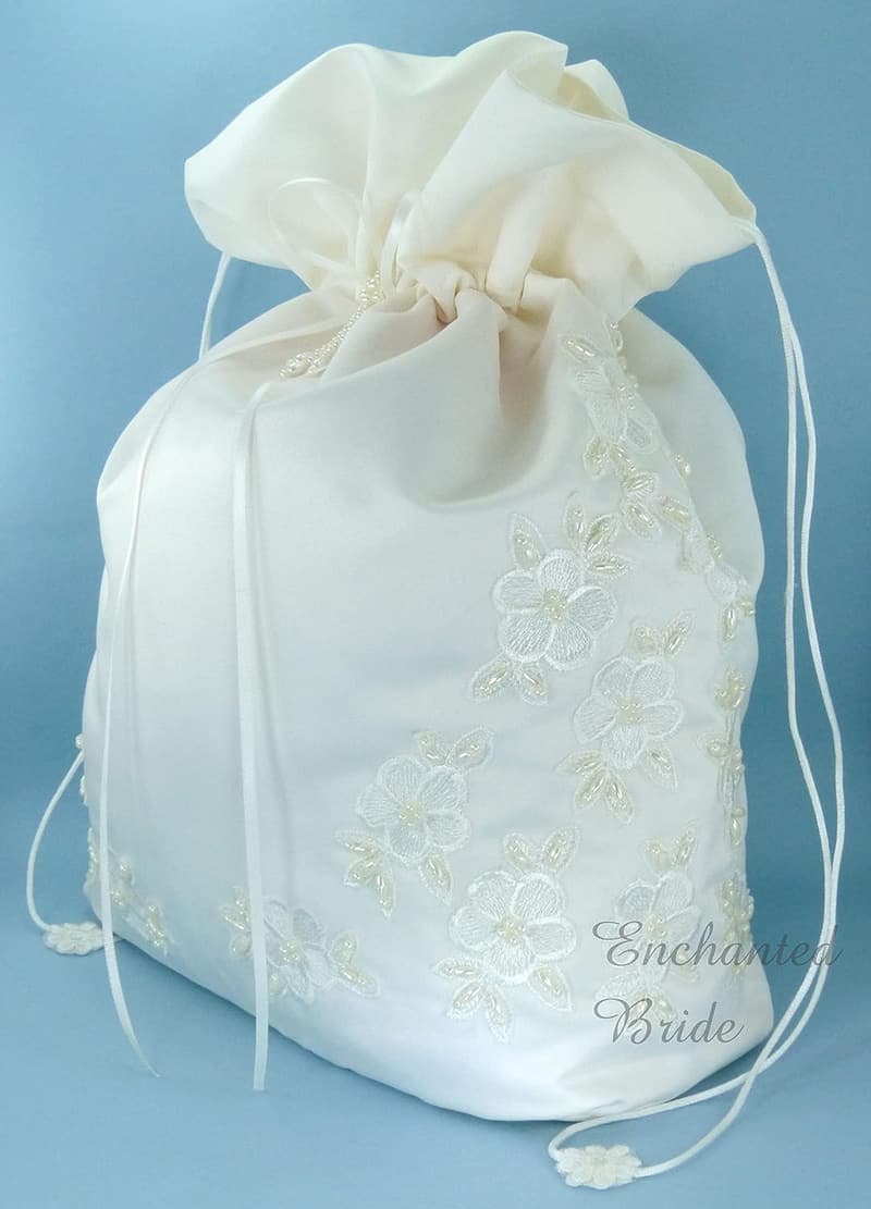 LARGE Satin Bridal Money Bag with Pearl Lace for Weddings