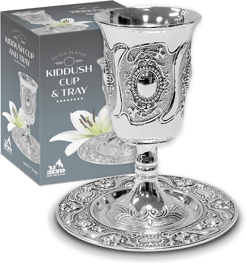 Shabbat Tall Kiddush Cup and Tray - Premium Silver Plated Goblet