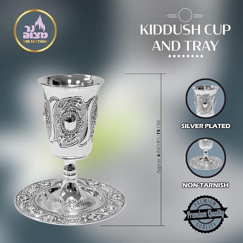 Shabbat Tall Kiddush Cup and Tray - Premium Silver Plated Goblet