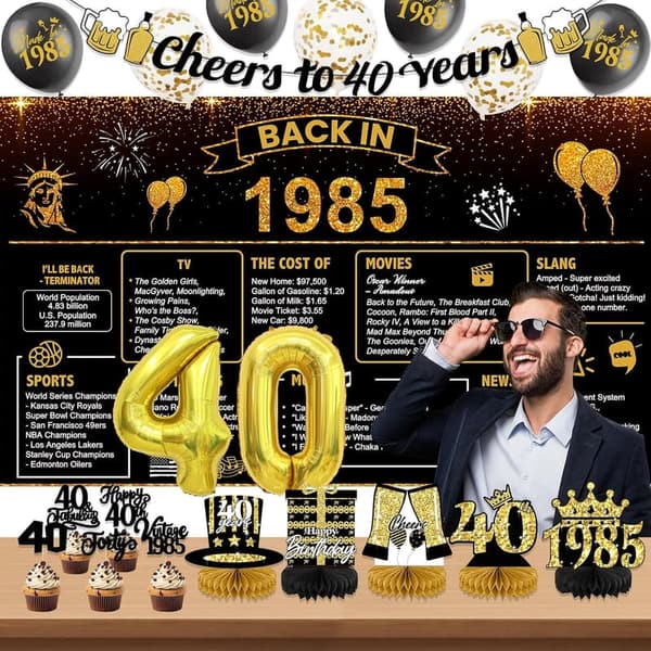 40th Birthday Decorations for Men, 1985 Backdrop & Banner