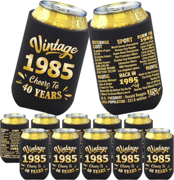 40th Birthday Party Supplies - Black and Gold Can Cooler Sleeves
