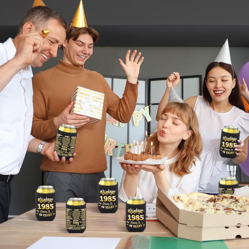40th Birthday Party Supplies - Black and Gold Can Cooler Sleeves