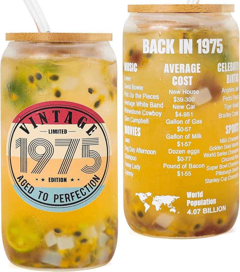 50th Birthday Glass Cup Gift for Women with Straw