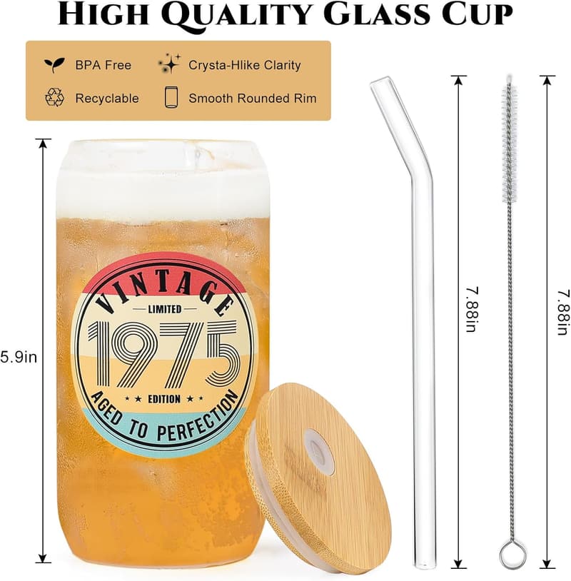 50th Birthday Glass Cup Gift for Women with Straw