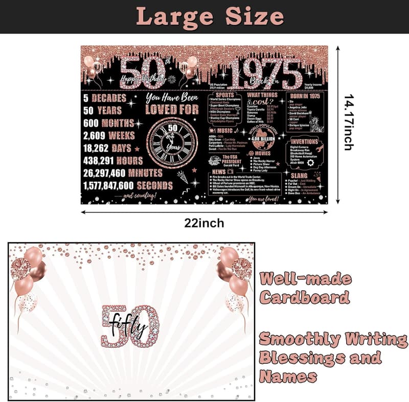 50th Birthday Jumbo Card for Women with Envelope - Black Rose Gold