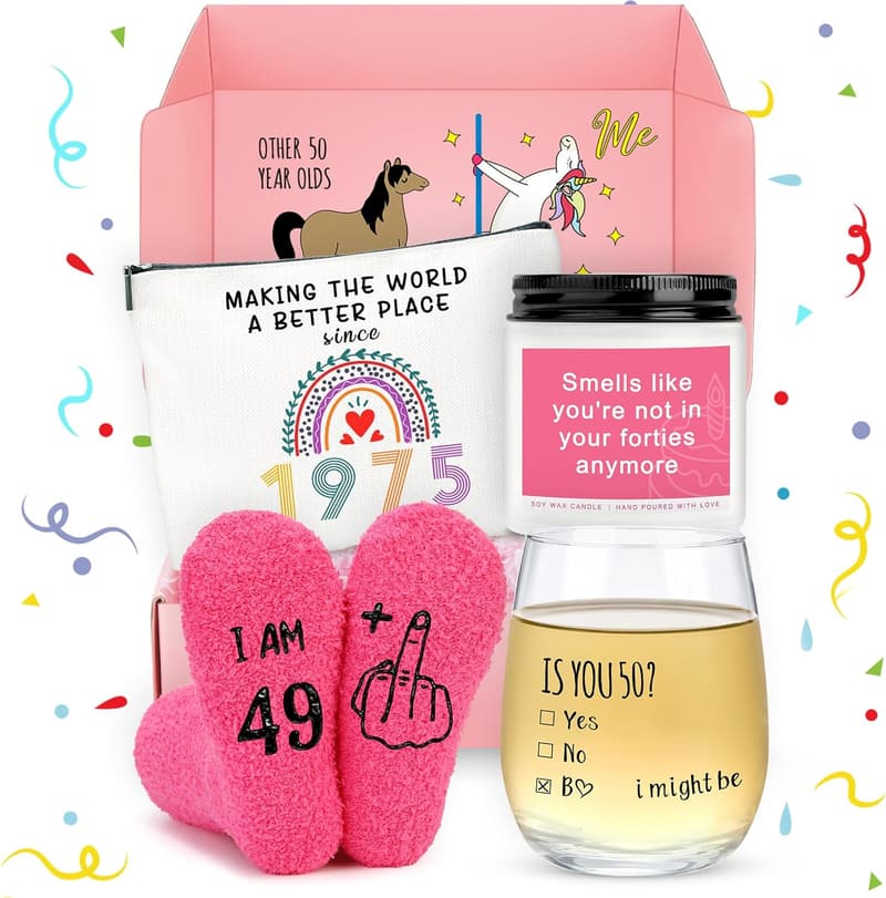 50th Birthday Gifts for Women - Wine Glass, Makeup Bag, Candle & Socks
