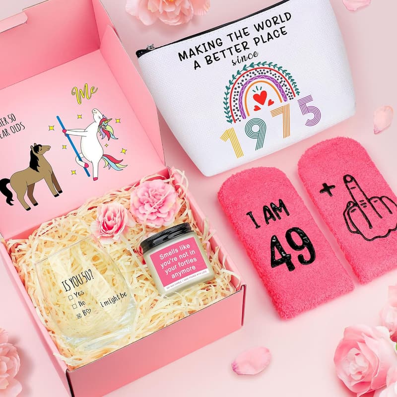 50th Birthday Gifts for Women - Wine Glass, Makeup Bag, Candle & Socks
