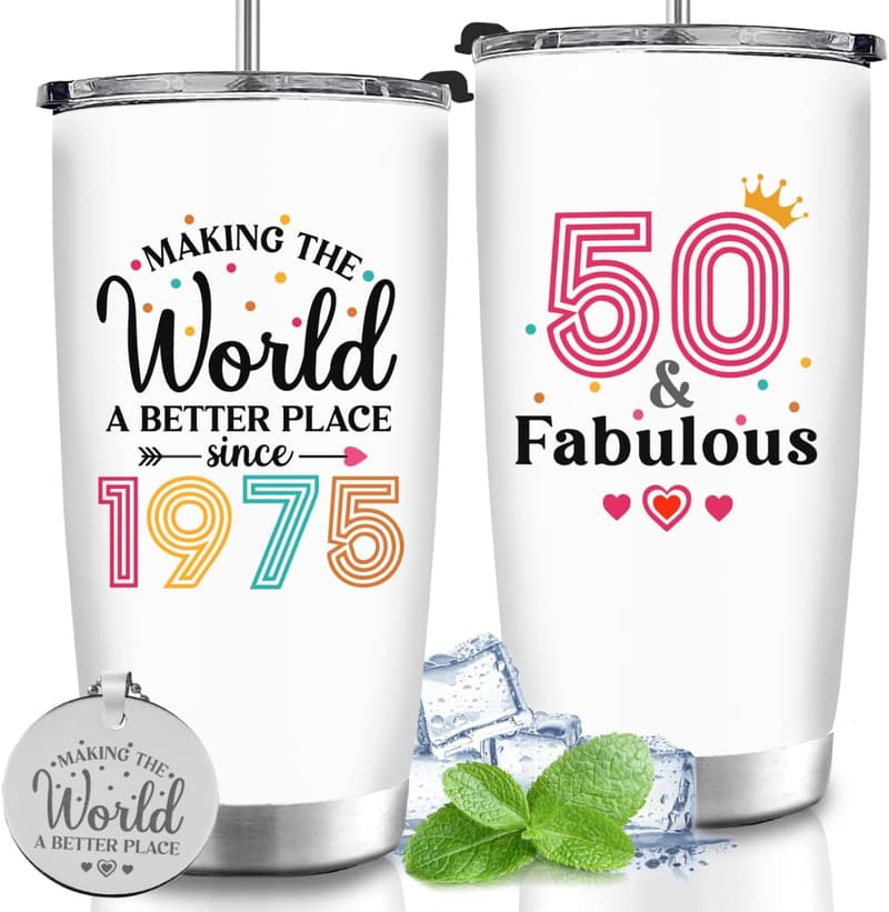 50th Birthday Tumbler Cup with Keychain for Women
