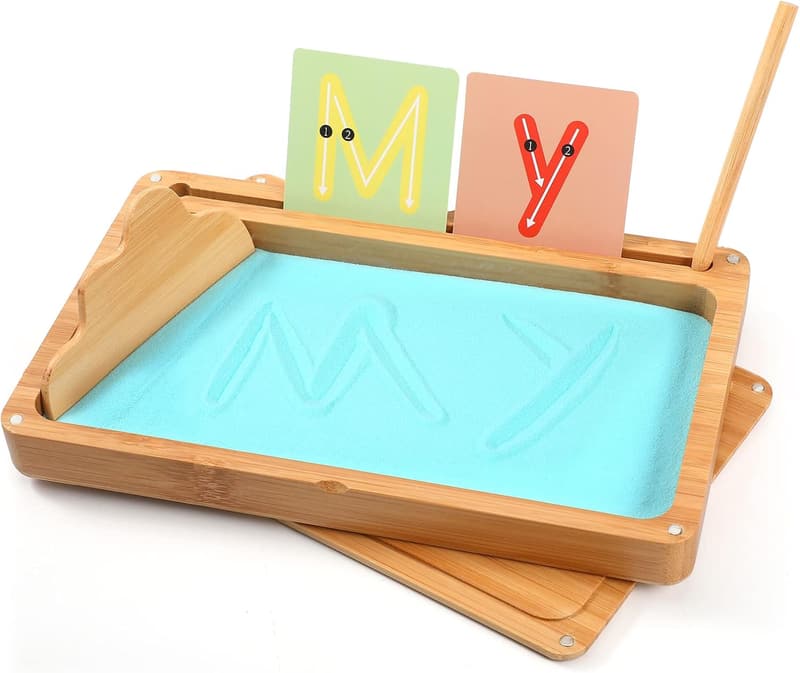 Montessori Sand Tray for Kids - Wooden Writing Tool (Blue)