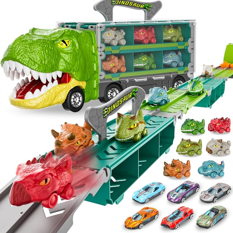 Dinosaur Truck Toy Set with Foldable Race Track for Kids
