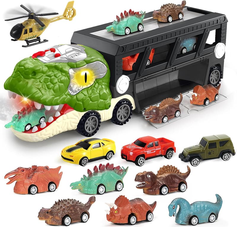 Dinosaur Transport Truck Toy Set with Cars for Kids 3-6