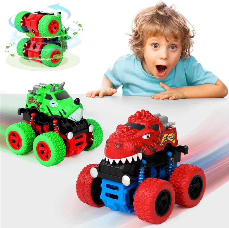 Dinosaur Toys & Monster Trucks for Kids 3-5 Years - Durable Friction Cars