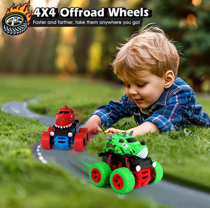 Dinosaur Toys & Monster Trucks for Kids 3-5 Years - Durable Friction Cars