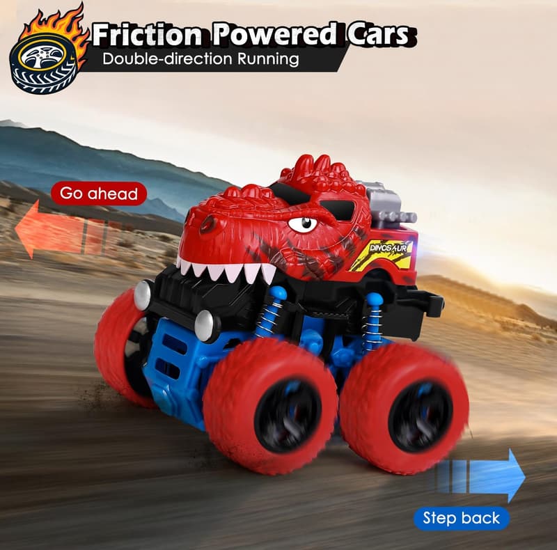 Dinosaur Toys & Monster Trucks for Kids 3-5 Years - Durable Friction Cars