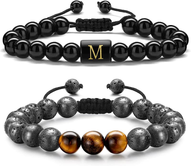Personalized Men's Initial Bracelet - Tiger Eye & Lava Rock