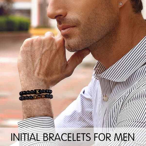 Personalized Men's Initial Bracelet - Tiger Eye & Lava Rock