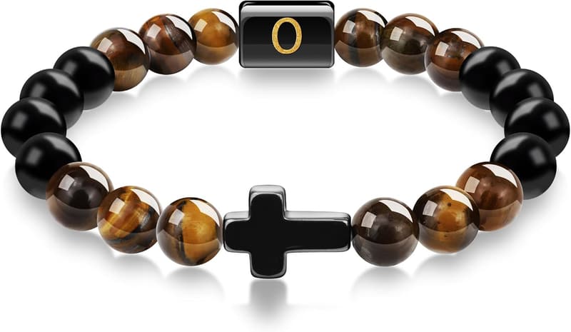 Men's Cross Bracelet with Tiger's Eye - Christian Birthday Gift