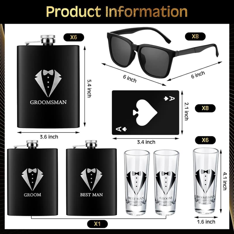 Groomsmen Gift Set: 48 Pcs Stainless Steel Flask & Accessories