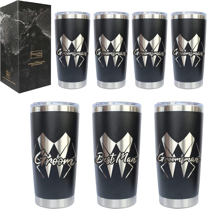 Groomsmen Gift Set: 7 Stainless Steel Tumblers with Lids