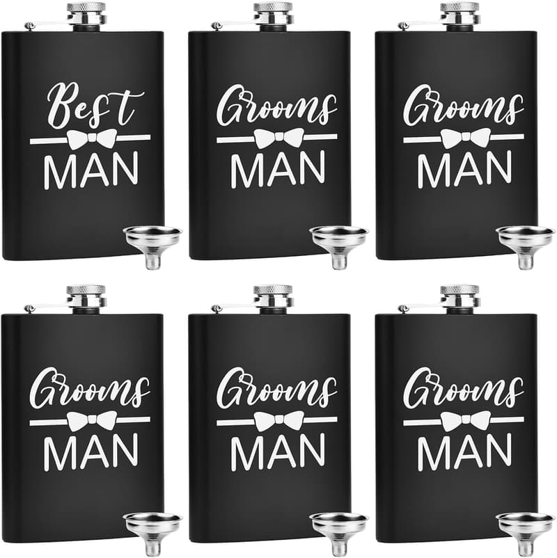 Groomsman Proposal Flasks Set of 6 - Engraved Stainless Steel