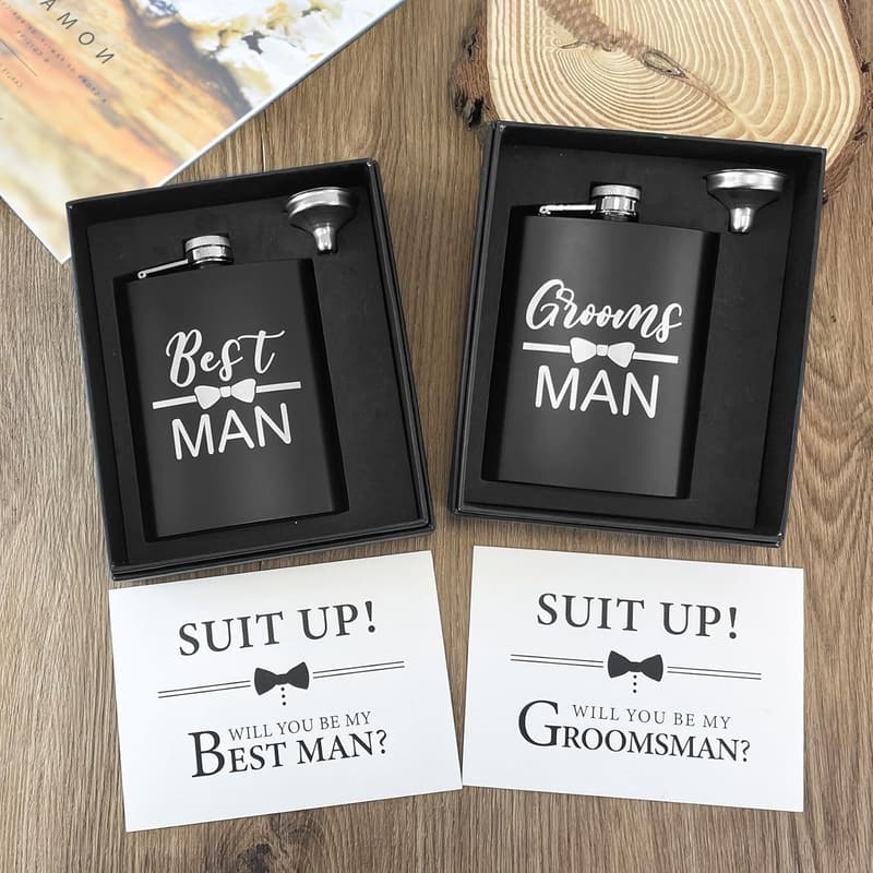 Groomsman Proposal Flasks Set of 6 - Engraved Stainless Steel