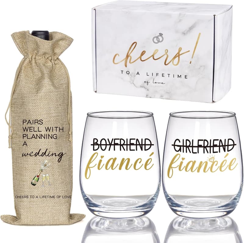 Engagement Wine Glass & Bag Set for Couples - Wedding Gift