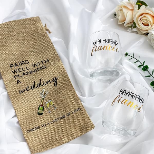 Engagement Wine Glass & Bag Set for Couples - Wedding Gift