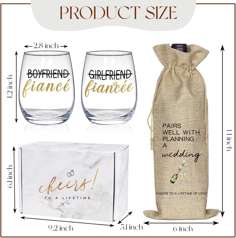Engagement Wine Glass & Bag Set for Couples - Wedding Gift