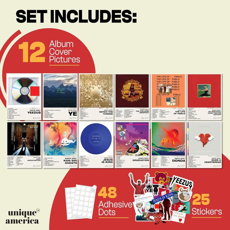 Kanye West Album Cover Posters & Stickers Set - 12 Pcs, Unframed
