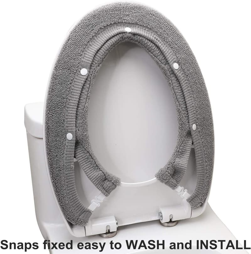 Washable Thick Grey Toilet Seat Cover with Snaps - Soft & Stretchable